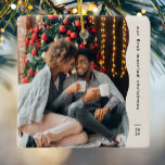 Ornement En Céramique Premier marié Noël deux photo simple<br><div class="desc">Cet ornement de Noël moderne et simple présente un bord ondulé branché ainsi qu'une grande photo et une pièce pour le texte personnalisé et l'année. Conçu pour un nouvel ornement célébrant un premier Noël ensemble, cet ornement comporte une grande photo sur le devant et une seconde sur le dos avec...</div>