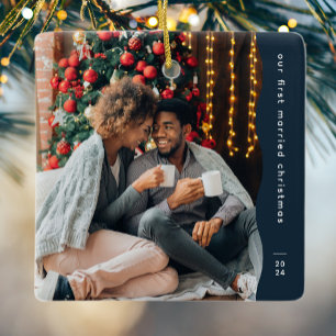 Ornement En Céramique Premier marié Noël deux photo simple marine