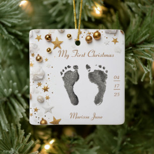 Ornement En Céramique Premier Noël Bébé's Pied Prints Nom Photo Star