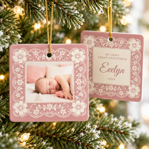 Ornement En Céramique Premier Noël de Bébé Crème Dentelle Rose Poussiére
