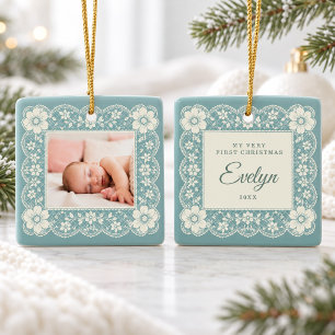 Ornement En Céramique Premier Noël de Bébé Crème Dentelle Turquoise Vert