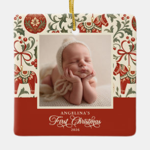Ornement En Céramique Premier Noël de bébé Dala Cheval vintage 2-Photo