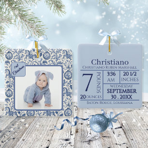 Ornement En Céramique Premier Noël de bébé garçon Photo Toile Bleue