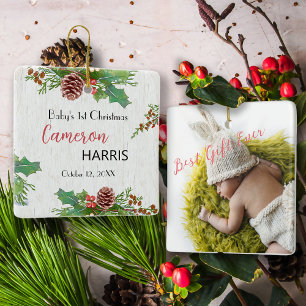 Ornement En Céramique Premier Noël de bébé Milestone Photo Rustique