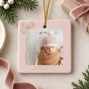 Ornement En Céramique Premier Noël de bébé personnalisé avec un nœud ros
