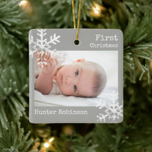 Ornement En Céramique Premier Noël de bébé photo flocon de neige gris