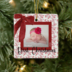 Ornement En Céramique Premier Noël de bébé Photo Ruban Rouge