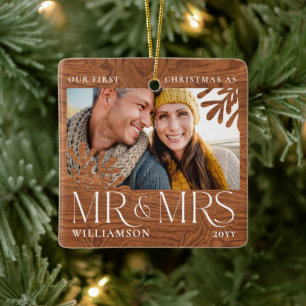Ornement En Céramique Premier Noël de M. et Mme Couple Photo Bois