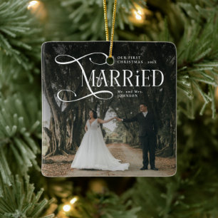 Ornement En Céramique Premier Noël de mariage photo de couple M. et Mme
