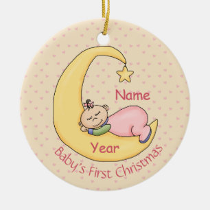 Ornement En Céramique Premier Noël du bébé - Dormir sur la lune (fille)