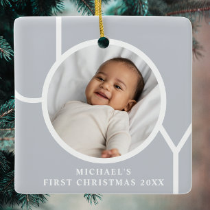 Ornement En Céramique Premier Noël Élégant de Bébé Garçon Photo Gris