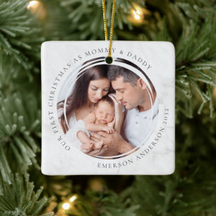 Ornement En Céramique Premier Noël en photo de maman et papa marbre