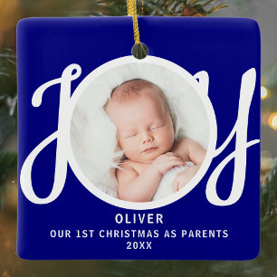 Ornement En Céramique Premier Noël en tant que parents Photo Bleu Cadeau