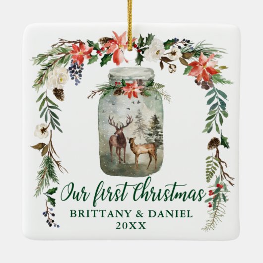 Ornement En Céramique Premier Noël Hiver Floral Deers Vert (Dos)