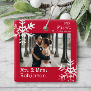 Ornement En Céramique Premier Noël M. & Mme Custom Photo Snowflakes