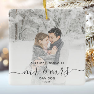 Ornement En Céramique Premier Noël Marié Photo Personnalisée Gris Script