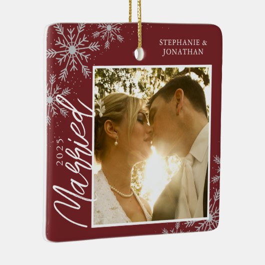 Ornement En Céramique Premier Noël Marié Red Snowflakes Photo (Droite)