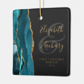 Ornement En Céramique Premier Noël Marié Turquoise Agate Gold Script (Gauche)