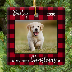 Ornement En Céramique Premier Noël mignon Chien rouge Chien Pâté Phot