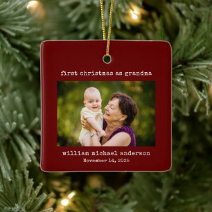 Ornement En Céramique Premier Noël minimaliste rouge en photo grand-mère
