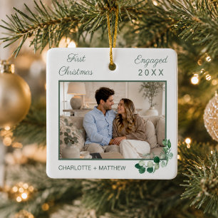 Ornement En Céramique Premier Noël photo de fiançailles verdure blanche