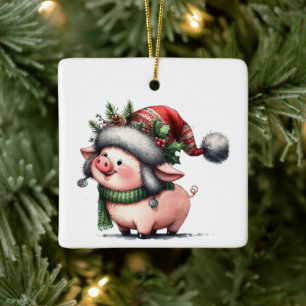 Ornement En Céramique Premier Noël Whimsical Cute Pig Customisé