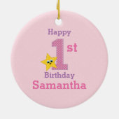 Ornement En Céramique Première fille d'anniversaire, rose avec étoile ja (Dos)