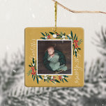 Ornement En Céramique  Première photo de Noël de canneberge et de feuill<br><div class="desc">Belle et élégante photo de gardien de Noël de bébé et cadre de verdure de canneberge festive. Notre design comprend notre belle canneberge et arrangement de feuillage qui encadre la photo bébé. Customisez avec le nom, l'année et la photo de votre bébé. Toutes les illustrations sont dessinées à la main...</div>
