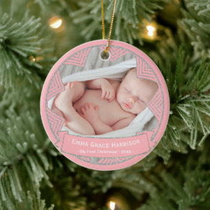 Ornement En Céramique Première photo de Noël de la petite fille   Rose p
