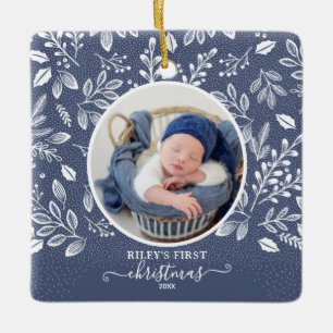 Ornement En Céramique Première photo de Noël du bébé bleu