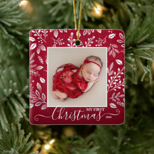 Ornement En Céramique Première photo de Noël du bébé sur la canneber