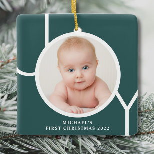 Ornement En Céramique Première photo de Noël du bébé Vert