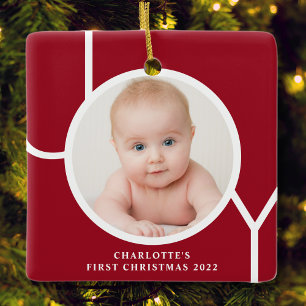 Ornement En Céramique Première photo rouge personnalisée de Noël du bébé