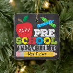 Ornement En Céramique Preschool Teacher Pre-K Keepsake Bright<br><div class="desc">Preschool teacher ornament design features an apple, crayons, a pencil and bold, colorful fun typography! Click the customize button for more options for modifying the text! Variations of this design, additional colors, as well as coordinating products are available in our shop, zazzle.com/store/doodlelulu. Contact us if you need this design applied...</div>