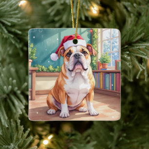 Ornement En Céramique Professeur Bouledogue Anglais Chapeau de Père Noël