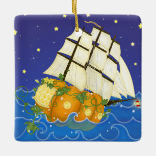Ornement En Céramique Pumpkin Ship at Sea Magical Fairytale