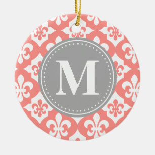 Ornement En Céramique Quatrefoil Fleur-De-Lis Coral Gris Rose Monogramme