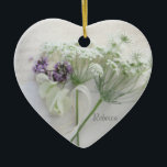 Ornement En Céramique Queen Anne's lace with script<br><div class="desc">A heart ornament with white Queen Anne's lace,  white bougainvillea and tiny heliotrope flowers on old handwriting is wonderful for a bridesmaid or flower girl gift,  or a wedding guest favor.</div>