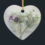Ornement En Céramique Queen Anne's lace with script<br><div class="desc">A heart ornament with white Queen Anne's lace,  white bougainvillea and tiny heliotrope flowers on old handwriting is wonderful for a bridesmaid or flower girl gift,  or a wedding guest favor.</div>