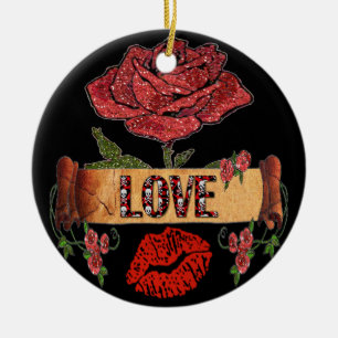 Ornement En Céramique RAB Rockabilly Valentine Roses, Love & Lipstick