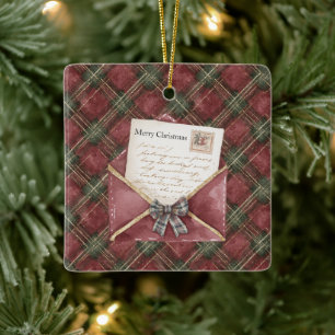 Ornement En Céramique Rayures à carreaux rouges et verts Lettre de Noël 