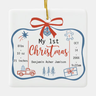 Ornement En Céramique Red & Blue Baby Boy's 1st Christmas Birth Stats