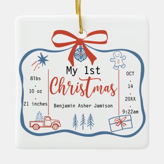 Ornement En Céramique Red & Blue Baby Boy's 1st Christmas Birth Stats (Devant)