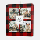 Ornement En Céramique Red Buffalo Plaid & Collage Photo Avec Initiale (Gauche)