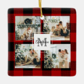 Ornement En Céramique Red Buffalo Plaid & Collage Photo Avec Initiale (Devant)