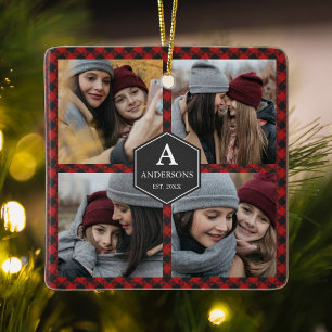 Ornement En Céramique Red Buffalo Plaid Lumberjack Family Photo Collage