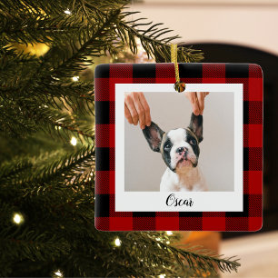 Ornement En Céramique Red Buffalo Plaid & Nom Et Photo Chien