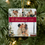 Ornement En Céramique Red Gold 3 Family Photo Collage Noël<br><div class="desc">Calligraphie moderne simple élégante Rouge et or 3 Famille Collage photo Joyeux Script de Noël Ornement céramique. Cet Ornement festif, minimaliste, fantasque trois vacances photo avec une jolie grille photo collage et nom de famille et année. Le nom de famille est écrit dans un script de police tourbillonnant écrit à...</div>