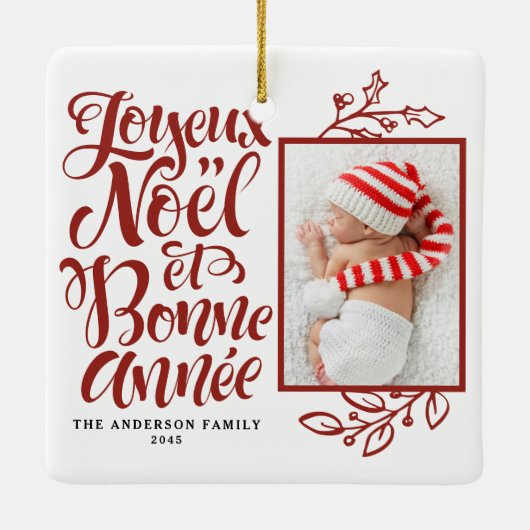Ornement En Céramique Red Joyeux Noël et Bonne Année Photo (Dos)