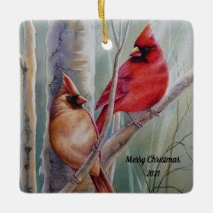 Ornement En Céramique Red Northern Cardinal Bird Pair Watercolor Art
